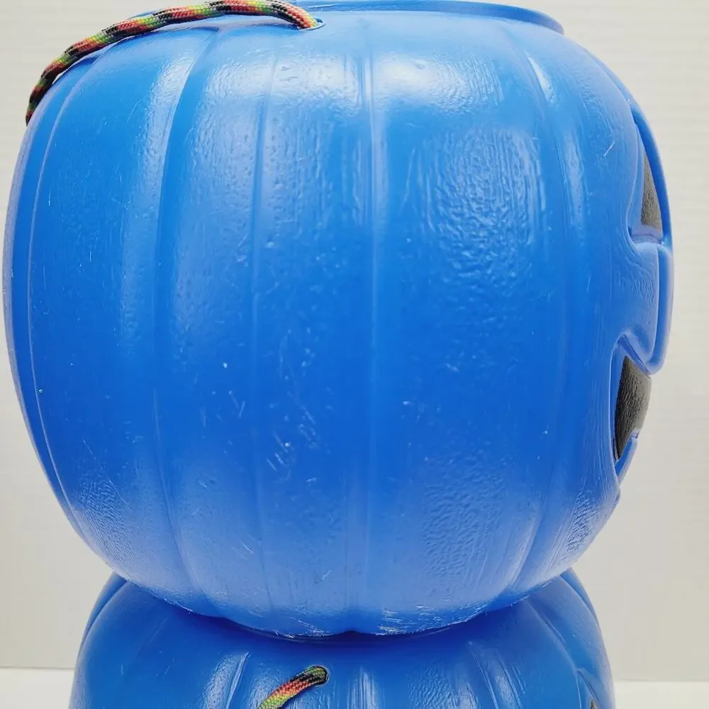 2 Halloween 8” BLUE Blow Mold Pumpkin Trick or Treat Pails W/Rope Handles